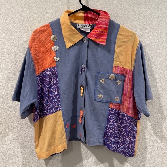 Vintage Faith Patchwork Boho Floral Button Front Collared Cropped Top Size Small - Picture 1 of 16